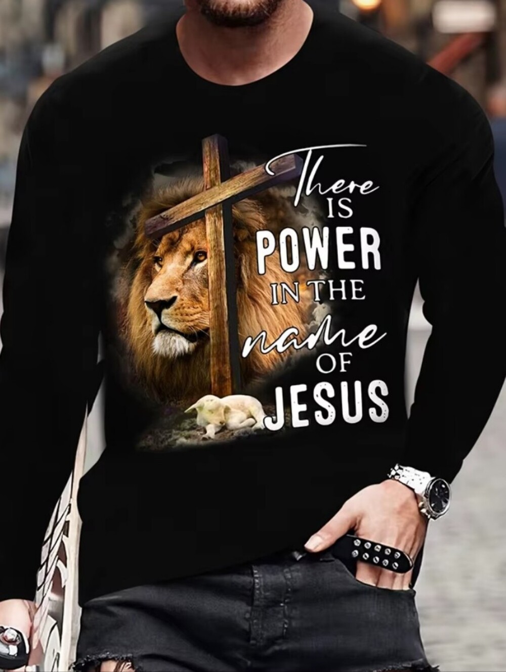 There Is Power in the Name of Jesus - Black Graphic Long Sleeve Shirt